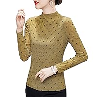 Women's Mesh Tops Fashion Mock Neck Semi Sheer Long Sleeve Printing Bright Silk Patchwork Blouses Elegant Work Shirts