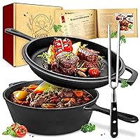 Overmont Cast Iron Dutch Oven with dual use Skillet lid for Oven,  Induction, Electric, Grill, Stovetop, (3.2QT Pot, 10.5 inches)