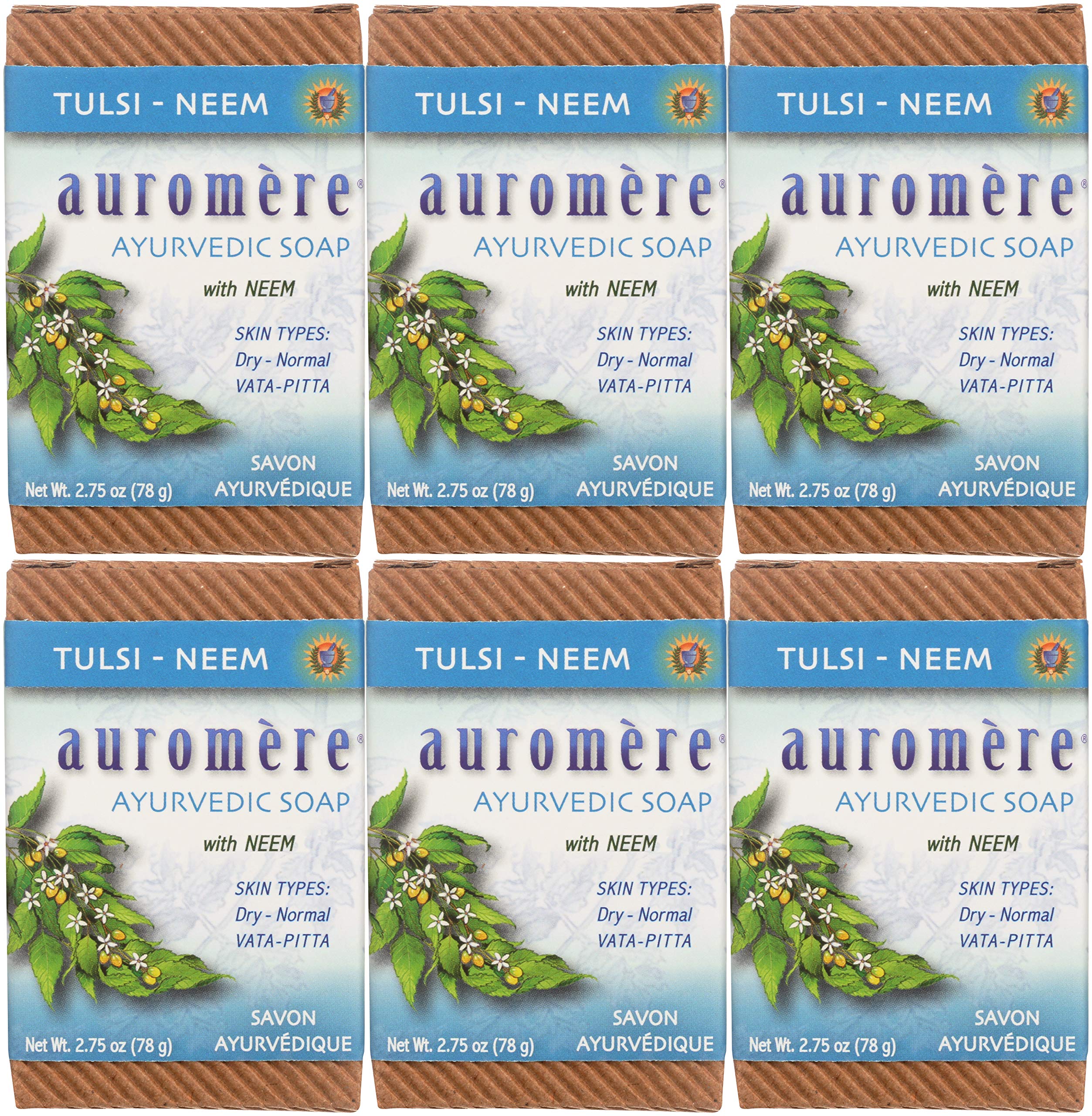 Auromere Ayurvedic Bar Soap, Tulsi Neem - Eco Friendly, Handmade, Vegan, Cruelty Free, Natural, Non GMO (2.75 oz), 6 pack