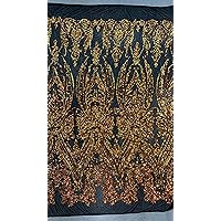 Alaina Iridescent Orange Gold Curlicue Sequins on Black Mesh Lace Fabric by The Yard - 10018