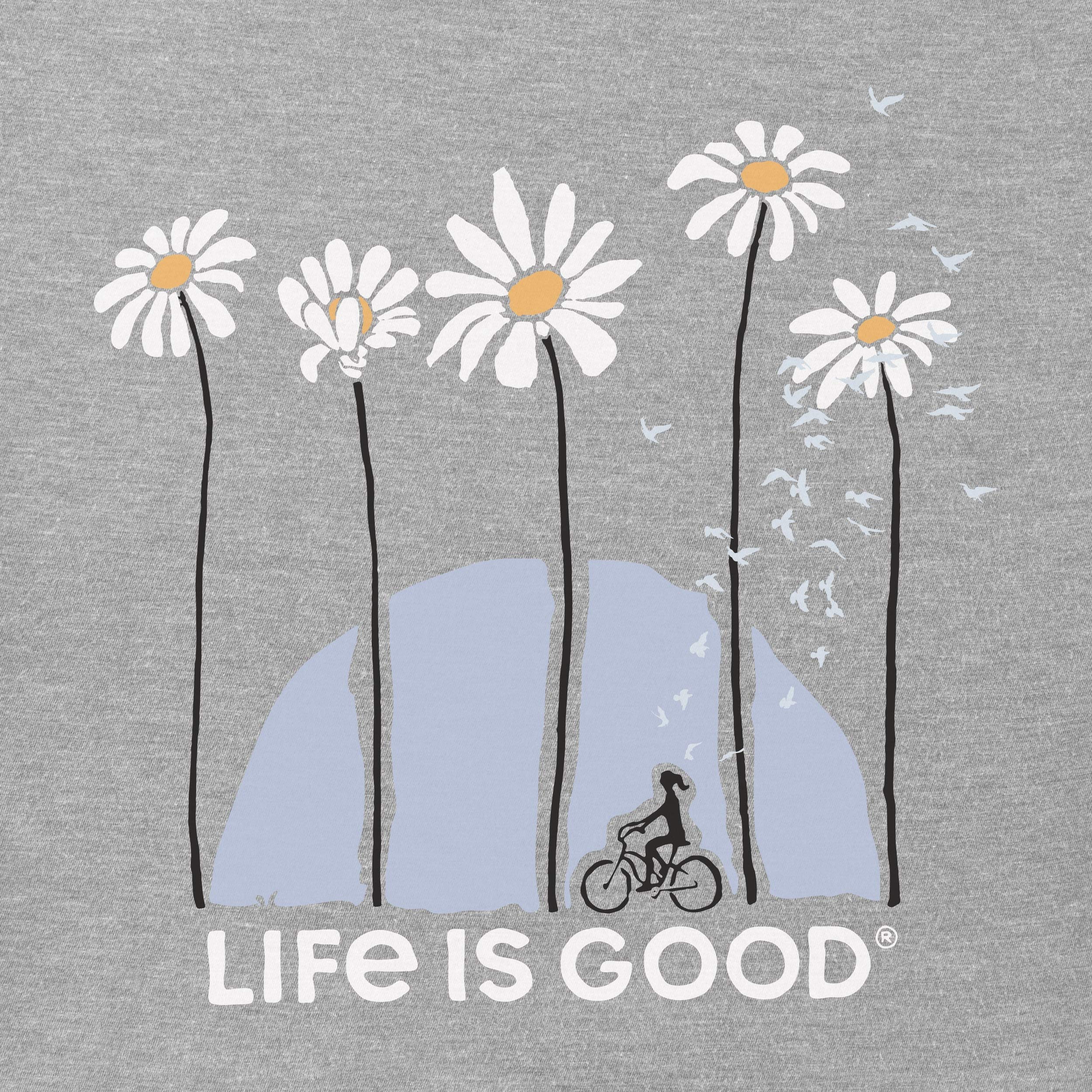 Life is Good Women's Bicycle Riding in Flowers Cotton Tee Short Sleeve Graphic V-Neck T-Shirt, Towering Daisies Bike