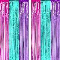 Teal Purple Pink Tinsel Foil Fringe Curtains - Under The Sea Birthday Baby Shower Photo Backdrops Wedding Summer Beach Pool Ocean Party Decor Photo Booth Backdrops Decorations, 3.2 ft x 9.8 ft, 2PC