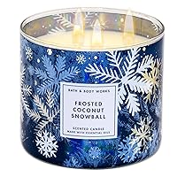 Bath and Body Works, 3-Wick Candle w-Essential Oils - 14.5 oz - 2020 Holidays Scents (Frosted Coconut Snowball), White Soy Wax, Blue and White Jar Print, Gold Lid, Transparent Glass