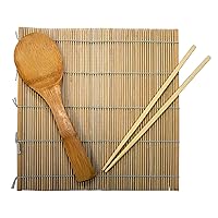 IMUSA USA 3pc Bamboo Complete Sushi Set (Rolling Mat, Chopsticks & Paddle) Kitchen Utensils, Multisizes, Brown
