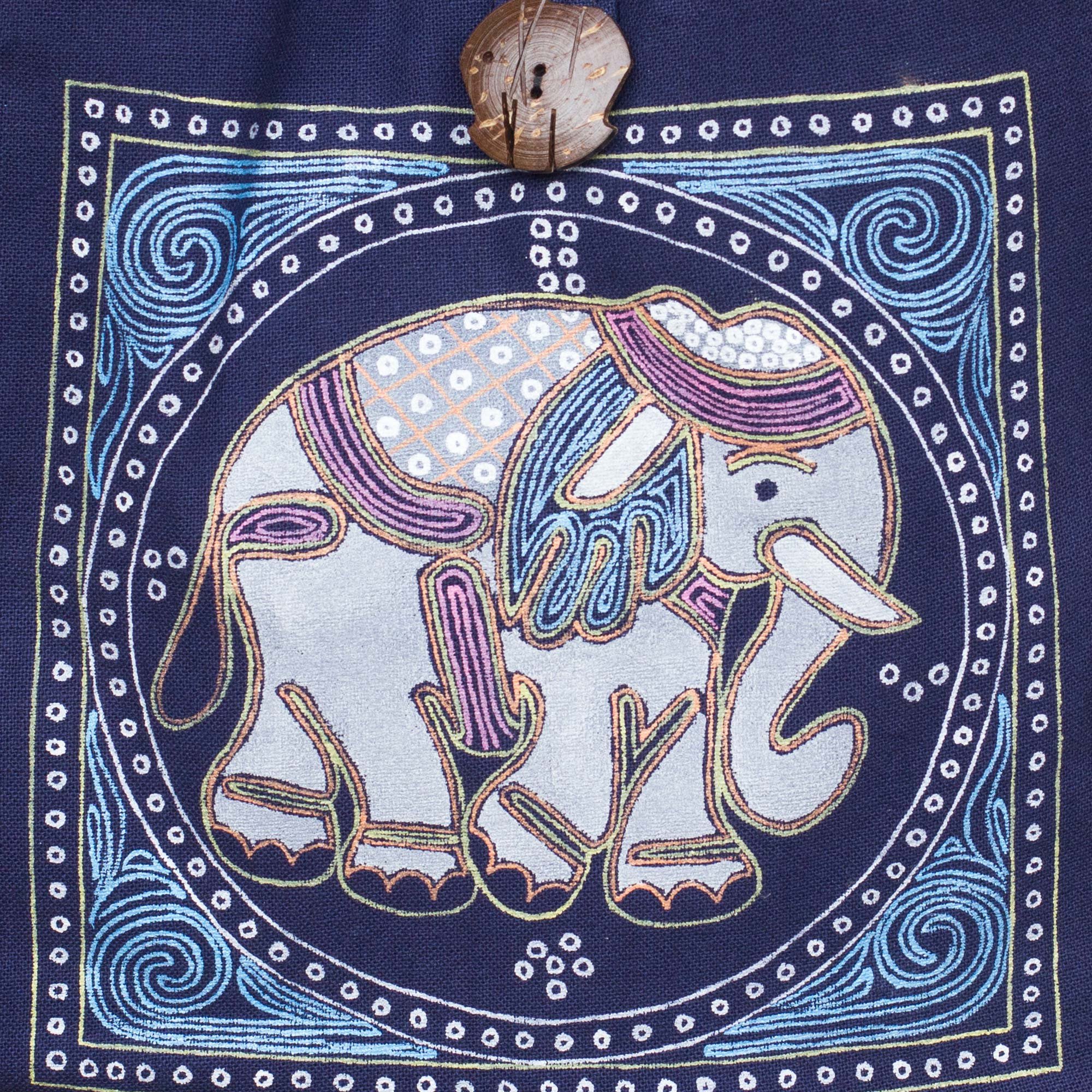 NOVICA Handcrafted Cotton Handbag Shoulder Handbags Blue Royal Classic Snorkel Patterned Thailand Animal Themed Elephant 'Lucky Elephant'