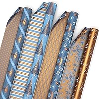 Hallmark Reversible Christmas Wrapping Paper Bundle, Elegant Blue and Gold (4 Rolls: 150 sq. ft. ttl.) Dark Blue, Gold, Teal Snowflakes, Peace, Stripes, Geometric