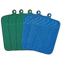 GROBRO7 5Pcs Pot Holders for Kitchen Heat Resistant Cotton Potholder with Hanging Loop Pocket Potholders Machine Washable Oven Mitts Multipurpose Hot Pads for Daily Baking Cooking 7 x 9 in Green Blue