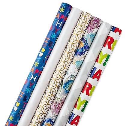 Hallmark All Occasion Wrapping Paper with Cut Lines on Back Polka Dot and Stripe (Pack of 6) 6 Pack Birthday Pattern.