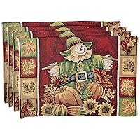 Violet Linen Fall Harvest Thanksgiving Autumn Leaves Sunflowers Fruits Pumpkins Tapestry Pattern, Polyester Cotton Woven Tapestry, Scarecrow, 13 X 19, Rectangler Set of 4, Decorative Place Mats