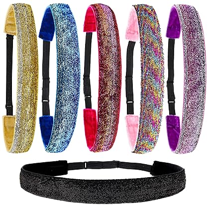 FROG SAC 6 Glitter Headbands for Girls, Adjustable Non Slip Head Bands for Kids, Cute No Slip Hair Accessories for Gymnastics, Sparkly Hair Band For Teen Girls, Stretch Elastic Headband for Women