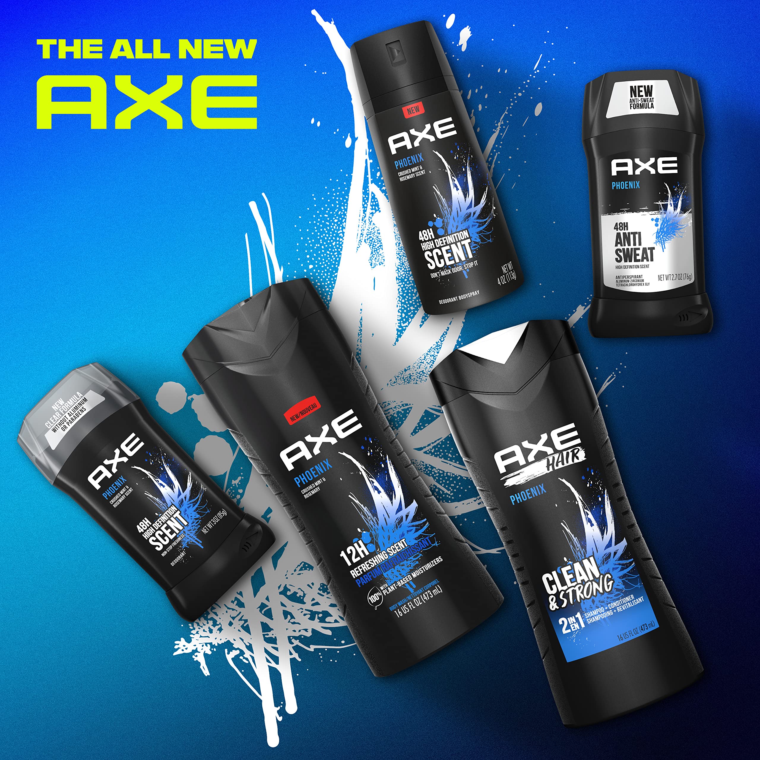 AXE Body Wash 12h Refreshing Scent Phoenix Crushed Mint & Rosemary Men's Body Wash With 100% Plant-Based Moisturizers 16oz 4 Pack