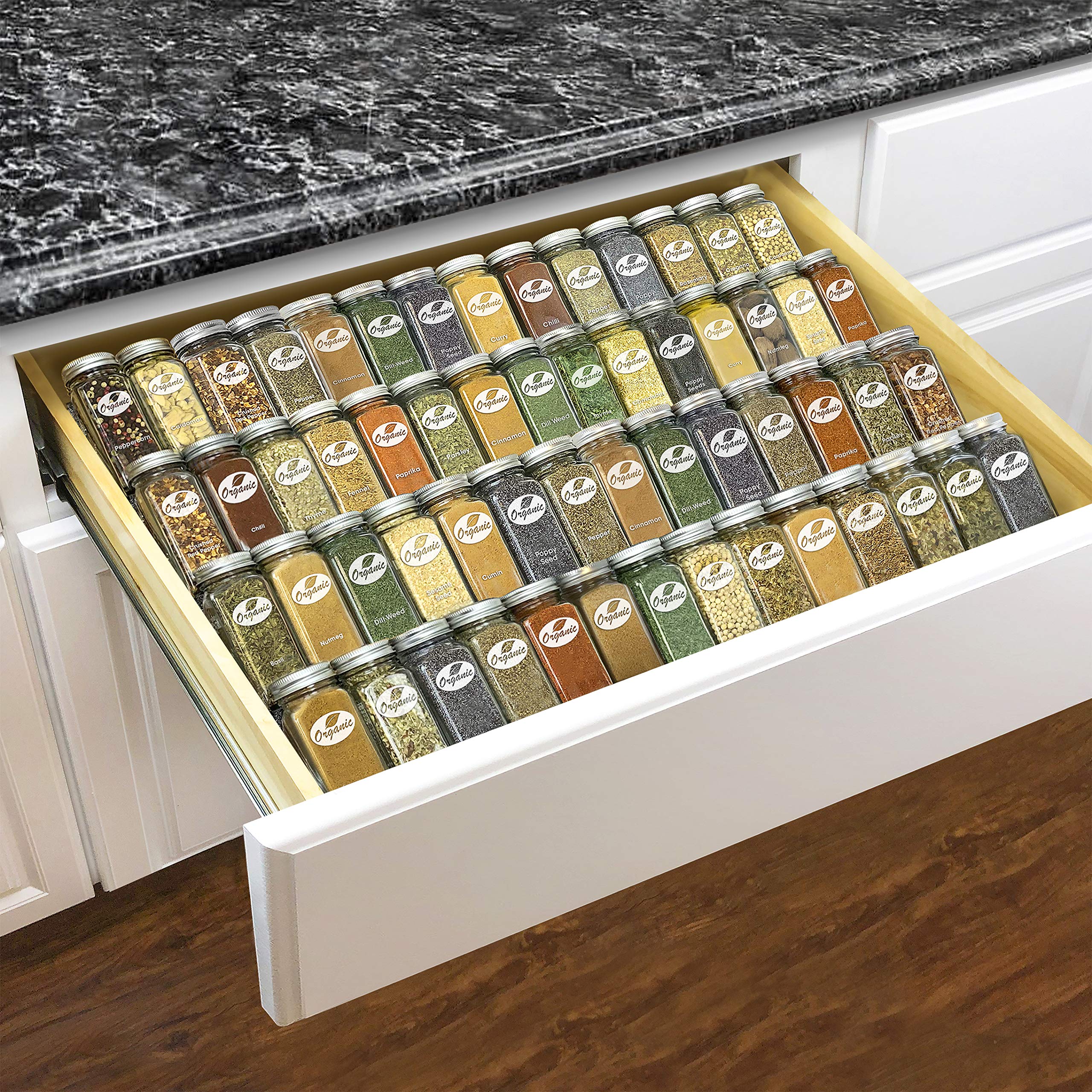 LYNK PROFESSIONAL® Expandable Spice Drawer Organizer - Heavy Gauge Steel 4 Tier Spice Rack - Drawer Insert Tray for Spice Jars, Herbs and Seasoning - Kitchen Cabinet Drawer Storage - Silver Metallic