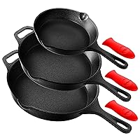 3 Pieces Kitchen Frying Pre-Seasoned Cast Iron Skillet Pans Nonstick Cookware Set w/Drip Spout, Silicone Handle, For Electric Stovetop, Glass Ceramic