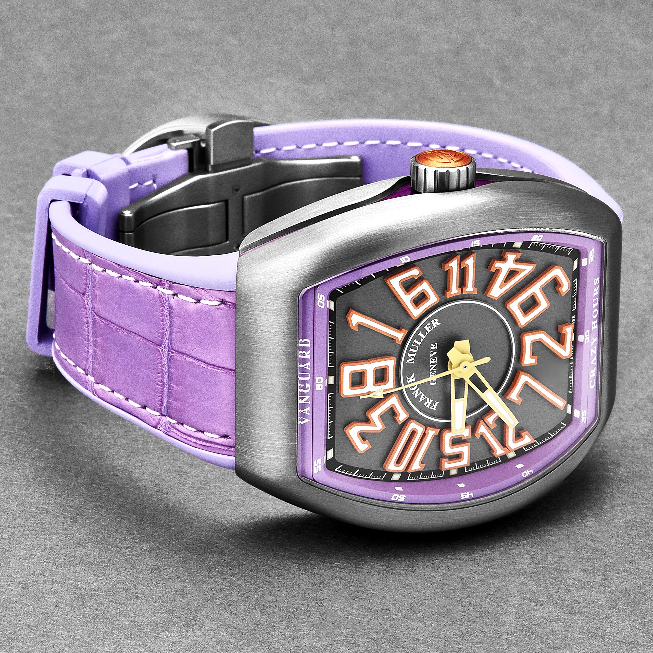 Franck Muller Men's 'Vanguard Crazy Hours' Grey Dial Purple Rubber with Leather Insert Strap Automatic Watch 45CHTTBRORPRL