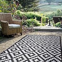 FH Home Outdoor Rug - Waterproof, Fade Resistant, Reversible - Premium Recycled Plastic - Geometric - Patio, Deck, Porch, Balcony, Laundry Room - Aztec - Black & White Crease Free - 4 x 6 ft