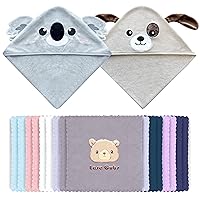 18-Piece Baby Hooded Bath Towel Rayon Derived from Bamboo and Microfiber Washcloth Sets for Infant, Toddler - Koala, Dog