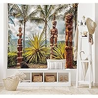Ambesonne Hawaii Tapestry, Tiki Sculptures and Palm Trees Tropical Island Ocean Ethnic Botanical Print, Wide Wall Hanging for Bedroom Living Room Dorm, 60