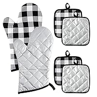 GROBRO7 6Pcs Buffalo Check Plaid Oven Mitts and Pot Holders Set Pure Cotton Heat Resistant Potholders Washable Durable BBQ Gloves with Hanging Loop for Safe Kitchen Baking Cooking Grilling White&Black