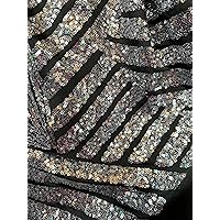 Thea Silver Geometric Sequins Diamond & Stripes on Black Poly Spandex Fabric by The Yard - 10026