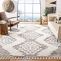 SAFAVIEH Moroccan Tassel Shag Collection Area Rug - 8' x 10', Ivory & Brown, Boho Design, Non-Shedding & Easy Care, 2-inch Thick Ideal for High Traffic Areas in Living Room, Bedroom (MTS652A)