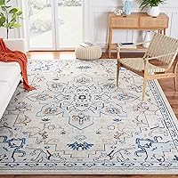 Safavieh Madison Collection 8' Square IvoryLight Blue MAD473D Boho Chic Medallion Distressed Non-Shedding Living Room Dining Bedroom Area Rug
