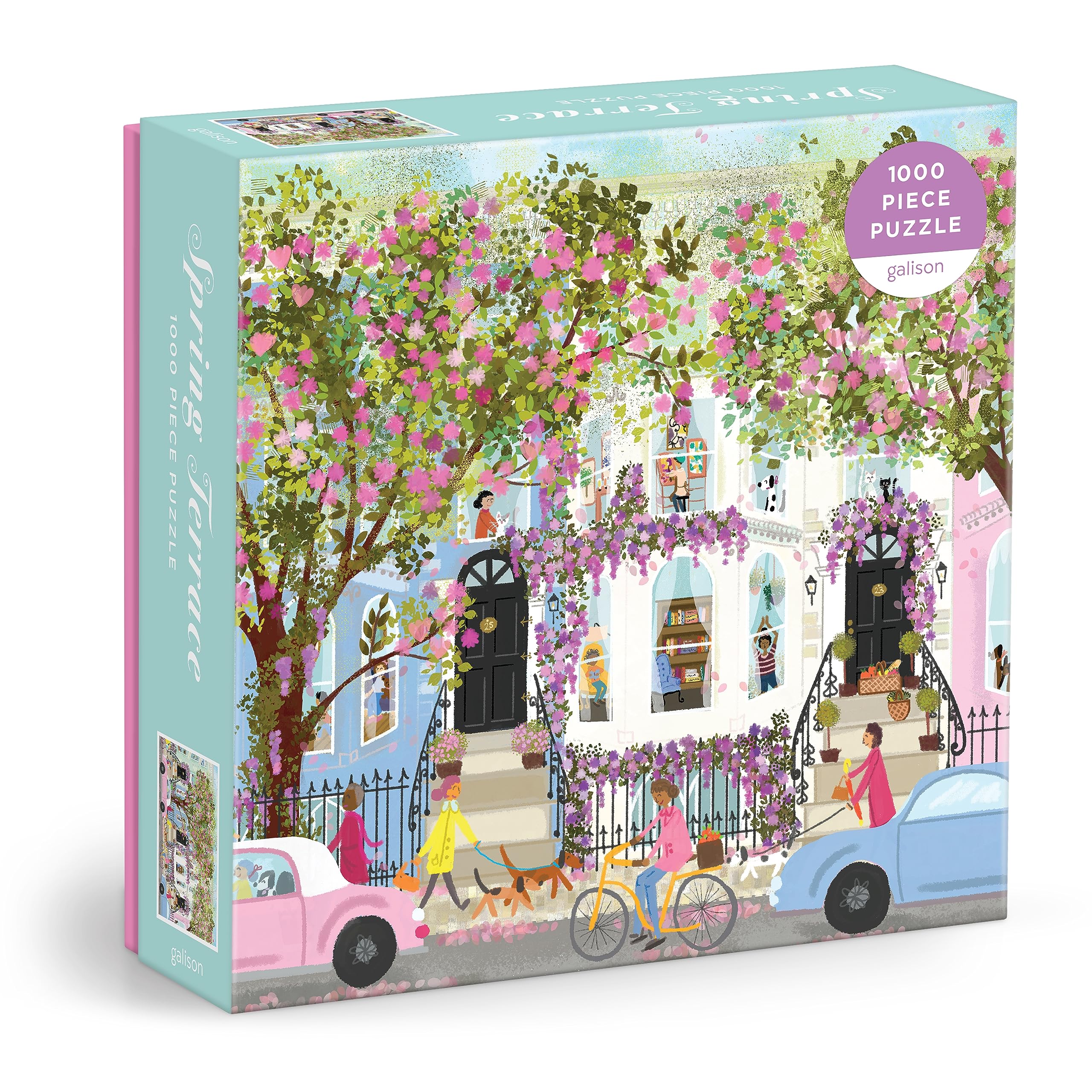 Galison Springtime Terrace – 1000 Piece Joy Laforme Puzzle Featuring a Magnolia Filled Neighborhood Day On A Spring Day