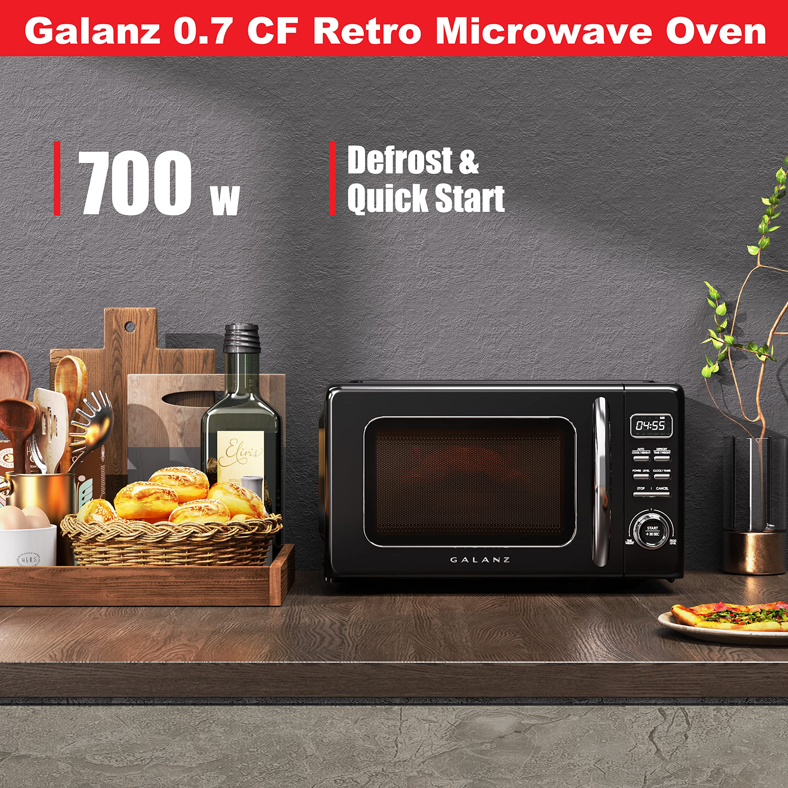 Galanz GLCMKZ07BKR07 Retro Countertop Microwave Oven with Auto Cook & Reheat, Defrost, Quick Start Functions, Easy Clean with Glass Turntable, Pull Handle.7 cu ft, Black