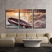 wall26 - 3 Piece Canvas Wall Art - Calm Water of Lake, River and Rowing Fishing Boat at Beautiful Sunrise in Autumn Morning. - Modern Home Art Stretched and Framed Ready to Hang - 16
