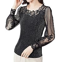 Women's Mesh Tops Lantern Sleeve Lace Embroidery Floral Hollow Out Stretchy Chiffon Blouses Elegant Work Shirts