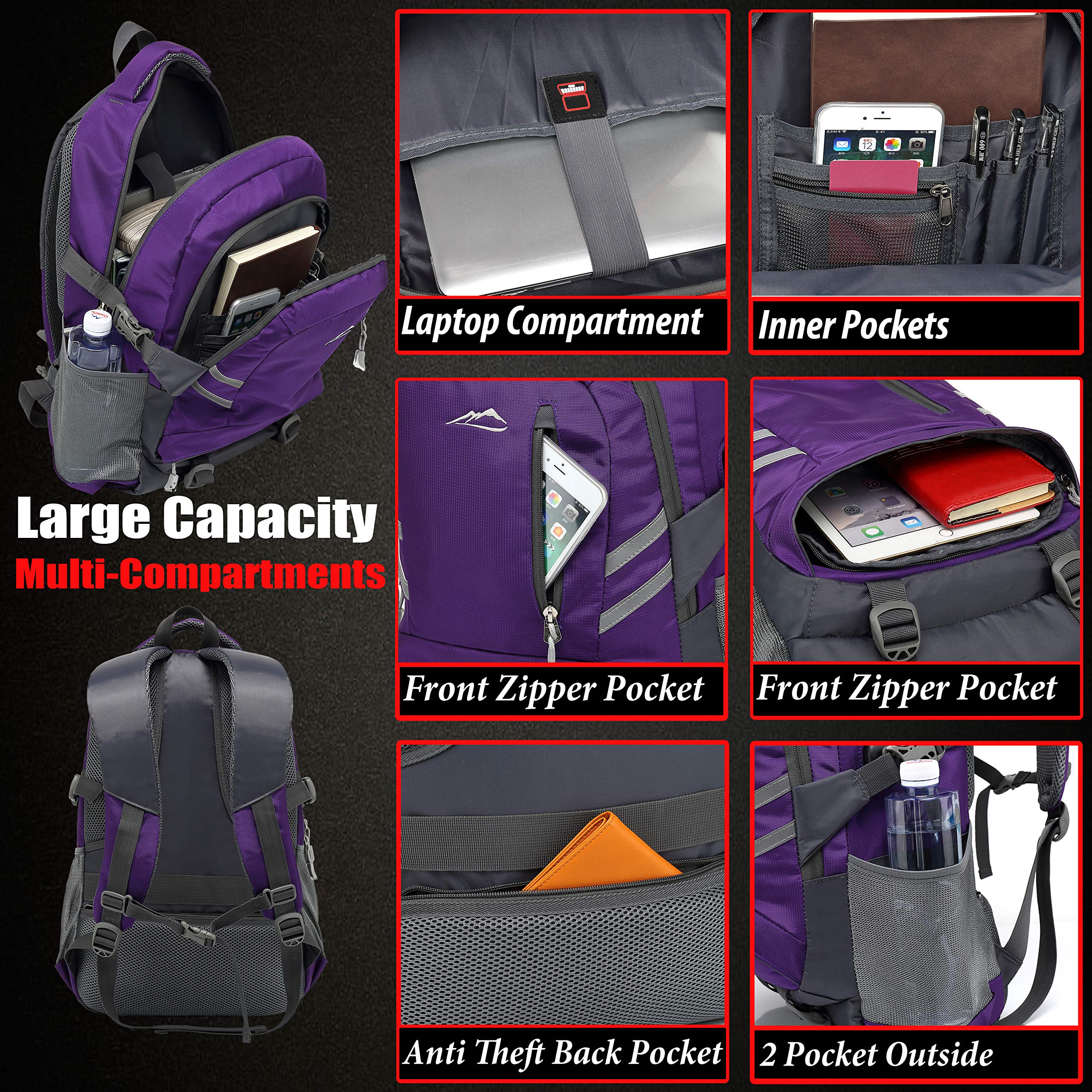 Backpack Bookbag for College Laptop Travel,Fit Laptop Up to 15.6 inch Multi Compartment with USB Charging Port Anti theft, Gift for Men Women (Purple)