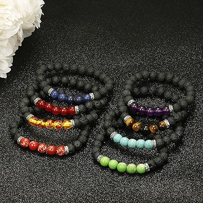 LOLIAS Chakras Bracelet 8 Pack Bead Gemstone Bracelet for Men Women Natural Stone Diffuser Bracelet Stretch Yoga Bracelets