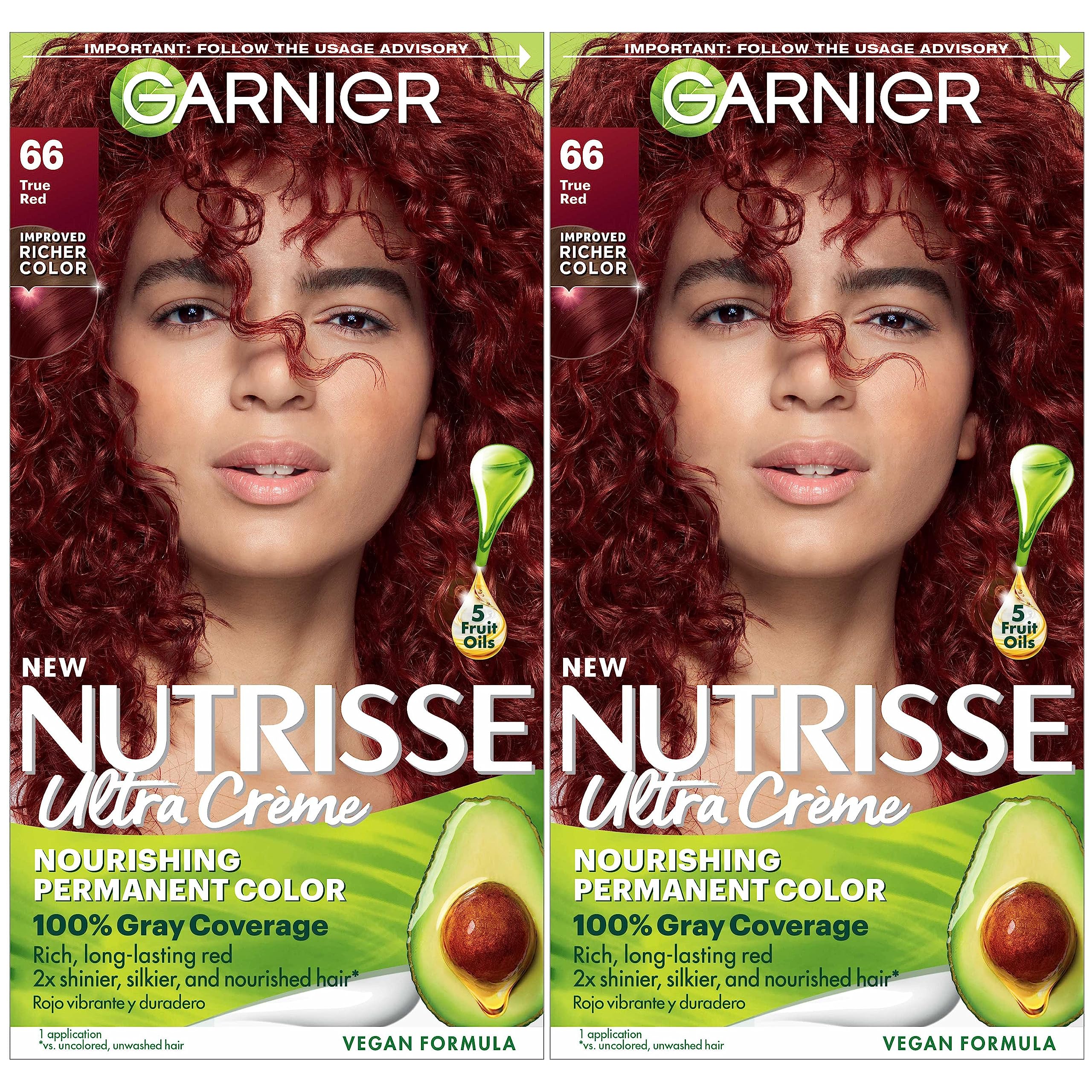 Garnier Hair Color Nutrisse Nourishing Creme, 66 True Red (Pomegranate) Permanent Hair Dye, 2 Count (Packaging May Vary)
