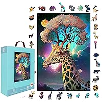 Wooden Jigsaw Puzzle for Adults and Kids Unique Shape Wood Colorful Beautiful Box Fun Challenge Brain Health Family Game Creative Gift for Friends Rompecabezas Madera(Giraffe 300pcs)