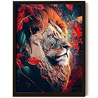 EXCOOL CLUB Lion Wall Art - 12x16 Lion Poster, Lion Pictures Wall Decor, Lion Head Motivational Wall Art, Cool Red Lion in Autumn Leafs Print for Office Bedroom Decorations (UNFRAMED)