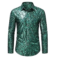 WULFUL Men's Luxury Disco Party Prom Paisley Gold Shiny Long Sleeve Dress Shirts Button Down Shirts