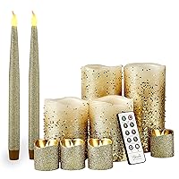 Flameless Candles Gold Candles Set of 8 with Remote Bundle with Taper Candles Set of 2 (10 Battery Candles)-Pillar Candles, Votive Candles and Taper Candles for Your Living Room Decor