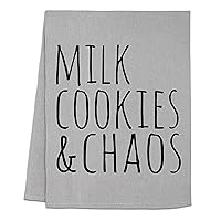 Funny Dish Towel, Milk, Cookies, & Chaos, Flour Sack Kitchen Towel, Sweet Housewarming Gift, Farmhouse Kitchen Decor, White or Gray (Gray)
