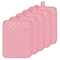 GROBRO7 5Pcs Pot Holders for Kitchen Heat Resistant Pink Cotton Potholder Multipurpose Hot Pads Machine Washable Oven Mitt with Hanging Loop Pocket Potholder for Daily Baking Cooking Grilling 7 x 9 In