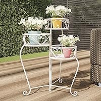 Plant Stand ? 3-Tier Indoor or Outdoor Folding Wrought Iron Metal Home and Garden Display with Staggered Shelves (Antique White)