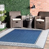 nuLOOM 2x3 Outdoor/Indoor Asha Area Rug, Navy, Casual Design With Striped Border, Stain Resistant, Highly Durable, For Patio, Balcony, Bedroom, Living Room, Dining Room, Bathroom