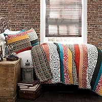 Lush Decor Boho Stripe Reversible Cotton Quilt 3-Piece Set, King, Turquoise & Tangerine - Bold Colorful Bohemian Bedding Set
