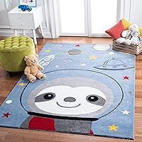 SAFAVIEH Carousel Kids Collection 3' Square Blue/Grey CRK140M Sloth Astronaut Non-Shedding Playroom Nursery Bedroom Area Rug