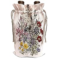 3dRose BLN Vintage Flower Collection - Linum, Malesherbia, Cleome, Helianthemum flowers in red, lavender, pink, yellow and white - Wine Bag (wbg_153243_1)