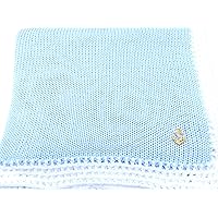 Knitted Crochet Finished Blue Cotton White Trim Baby Blanket with Applique'.