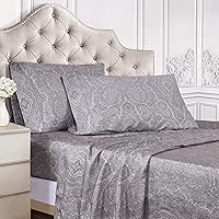 600 Thread Count Cotton Blend Bed Sheet Set, Italian Paisley Design, Includes 1 Fully Elastic Deep Pocket Fitted Sheet, 1 Flat Sheet, 2 Pillowcases, Sateen Weave, King, Dark Grey