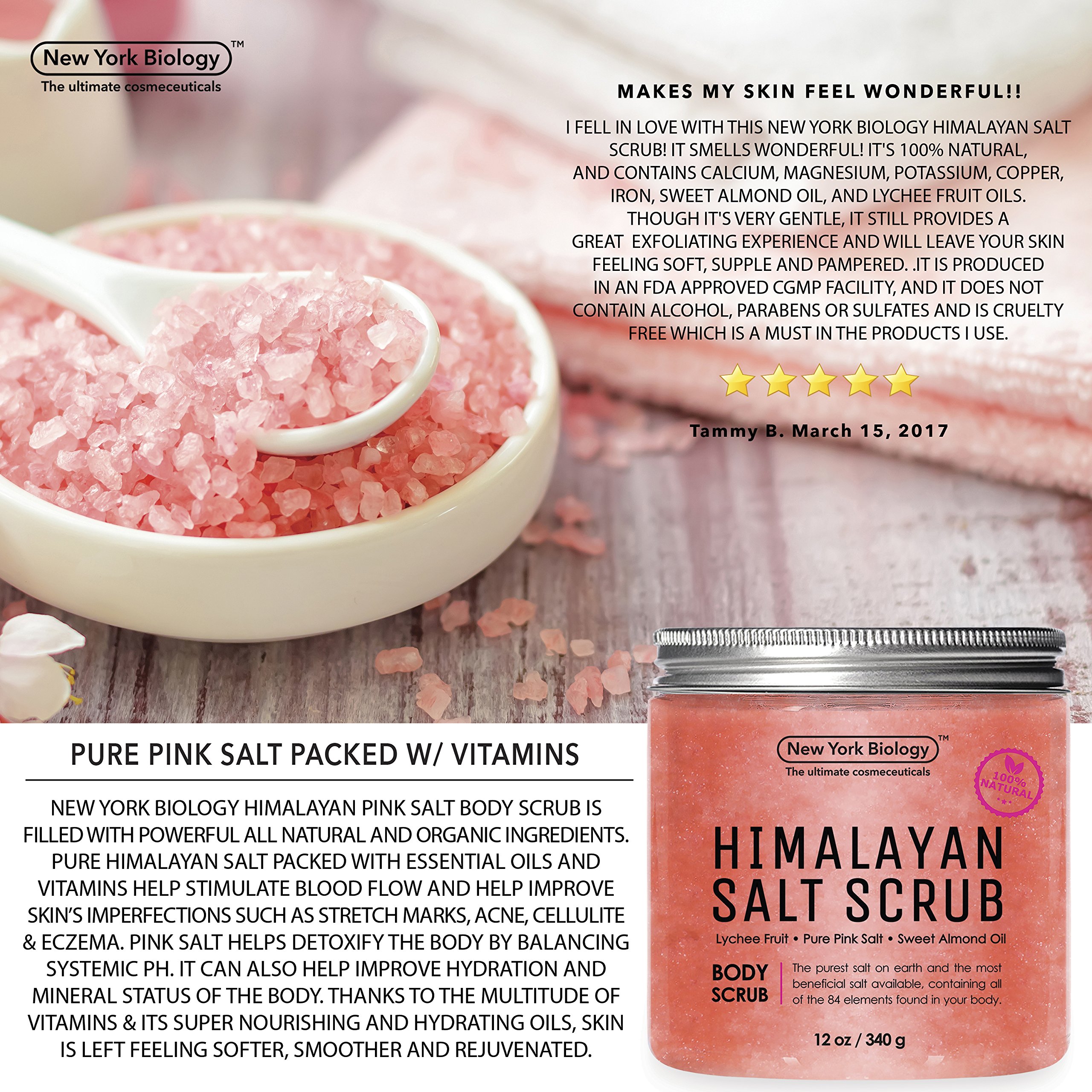 Himalayan Salt Body Scrub - Huge 12 OZ - 100% All Natural – Moisturizing Deep Cleansing Exfoliator with Lychee Oil & Sweet Almond Oil