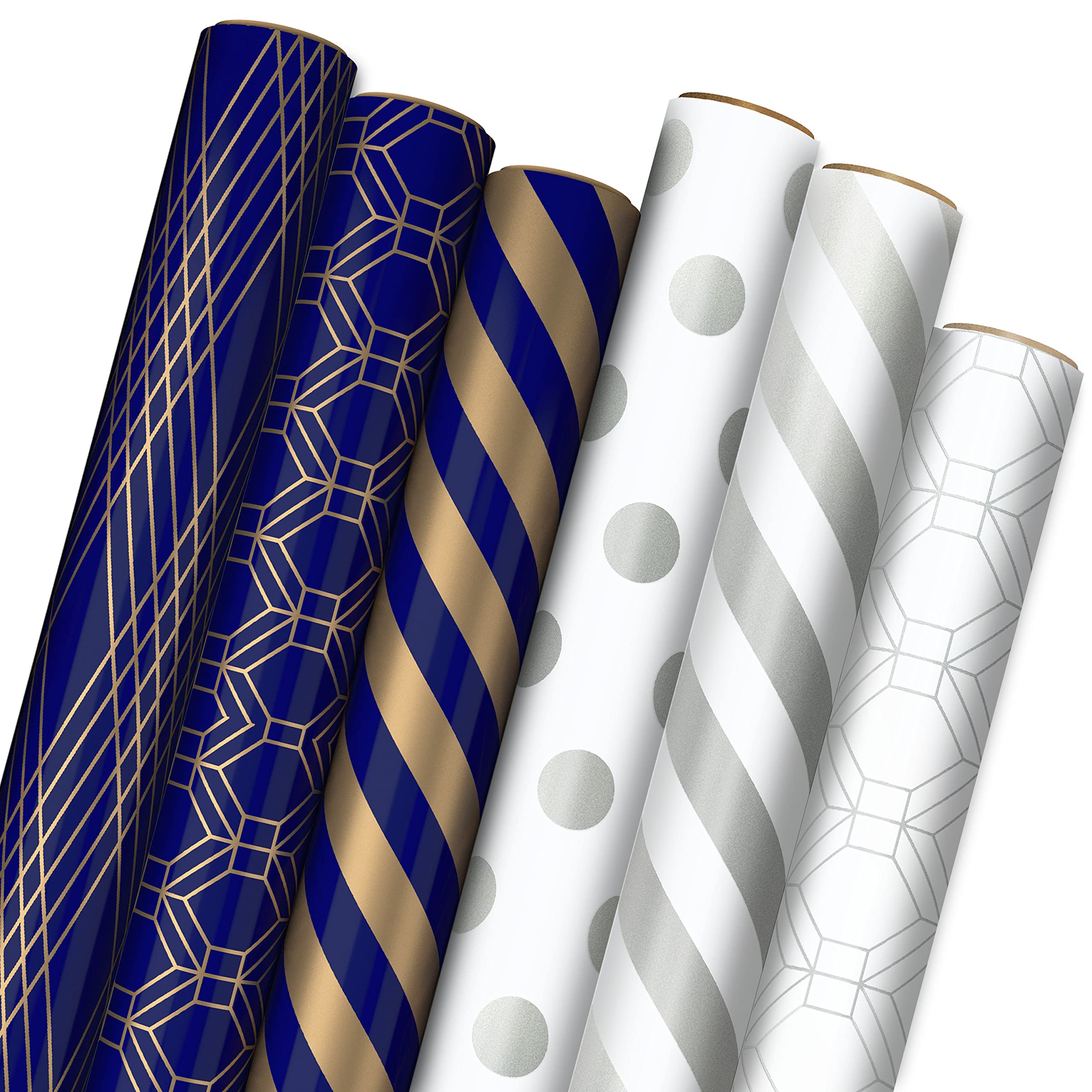 Hallmark Metallic Wrapping Paper Bundle with Cutlines on Reverse (6 Rolls: 210 Square Feet Total) Navy, Gold, Silver and White for Birthdays, Weddings, Graduations, Hanukkah, Christmas