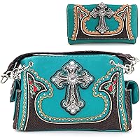 Justin West Turquoise Cross Flowers Leather Weaved Concealed Carry Handbag Purse