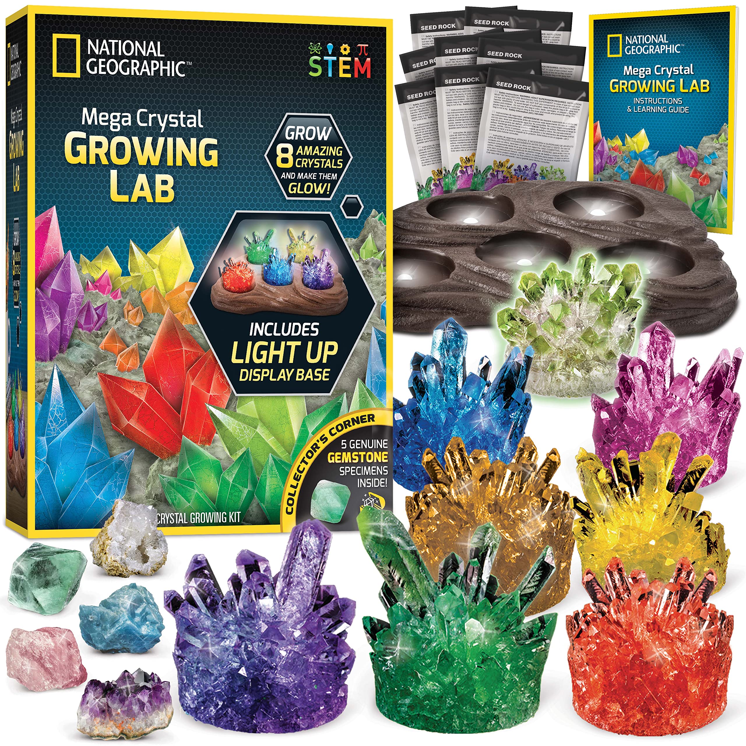 NATIONAL GEOGRAPHIC Mega Crystal Growing Kit for Kids- Grow 8 Vibrant Crystals Fast (3-4 Days), with Light-Up Display Stand and Real Gemstones, Crystal Making Science Kit (Amazon Exclusive)