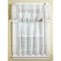 Violet Linen Lima Sheer White 3 Piece Kitchen Curtain Set with Embroidered Flowers Design